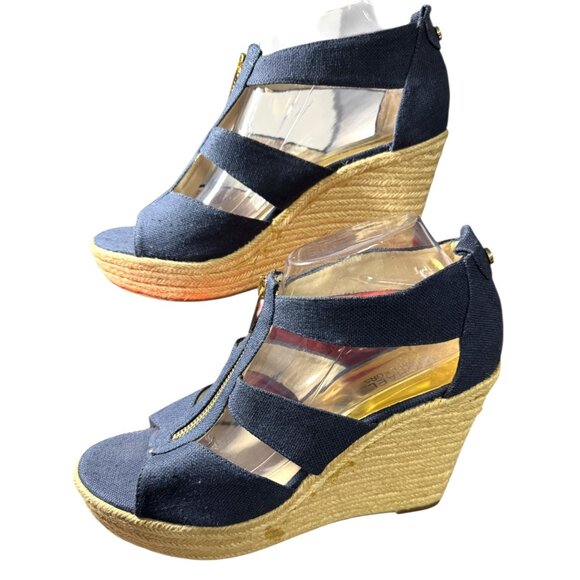 Michael Kors Navy Blue Canvas & Jute Wedge Sandals With Gold Zipper‎ Size 9.5 - Picture 2 of 11
